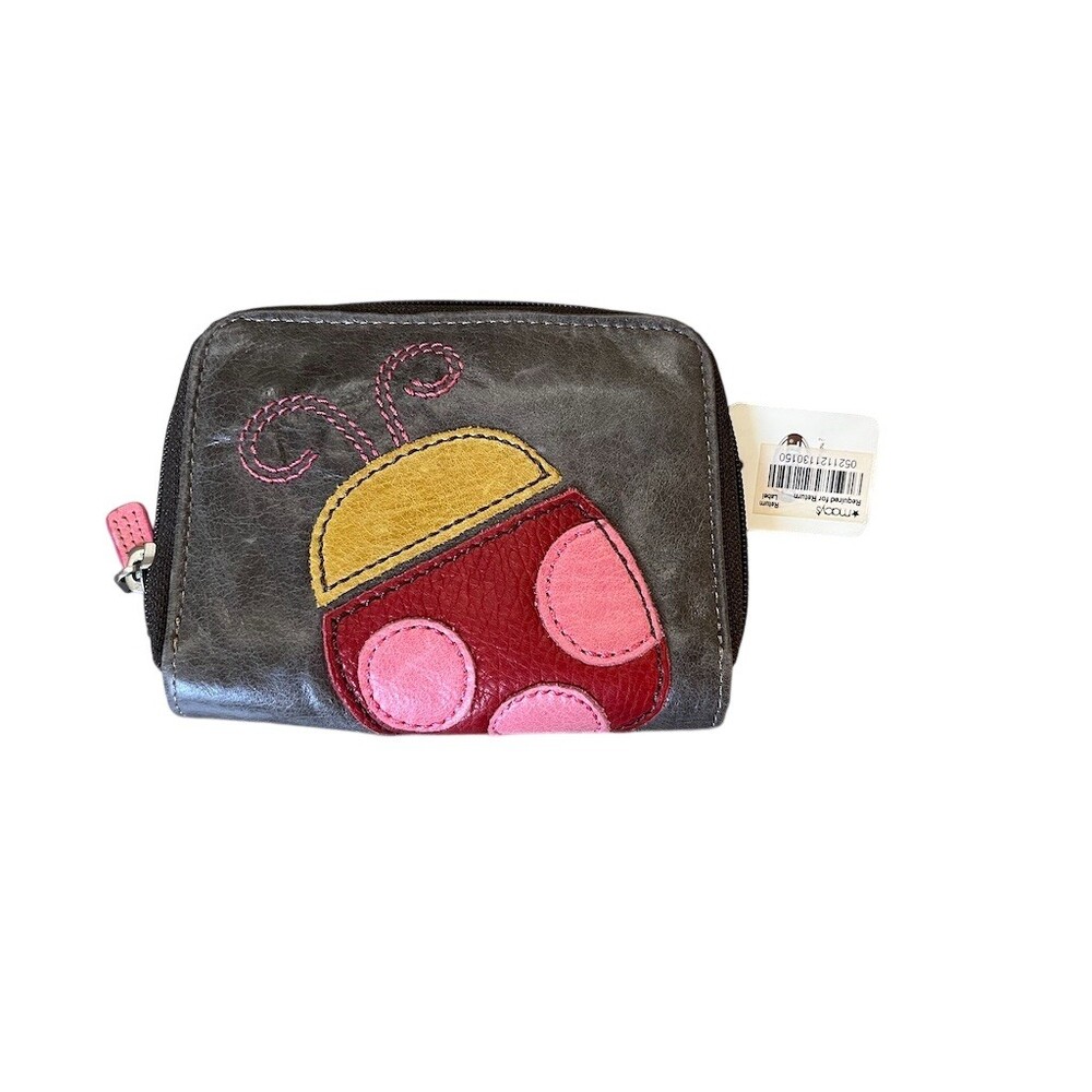 Fossil Wallet Womens One Size Gray Ladybug Applique Zip-Around Coin Pocket